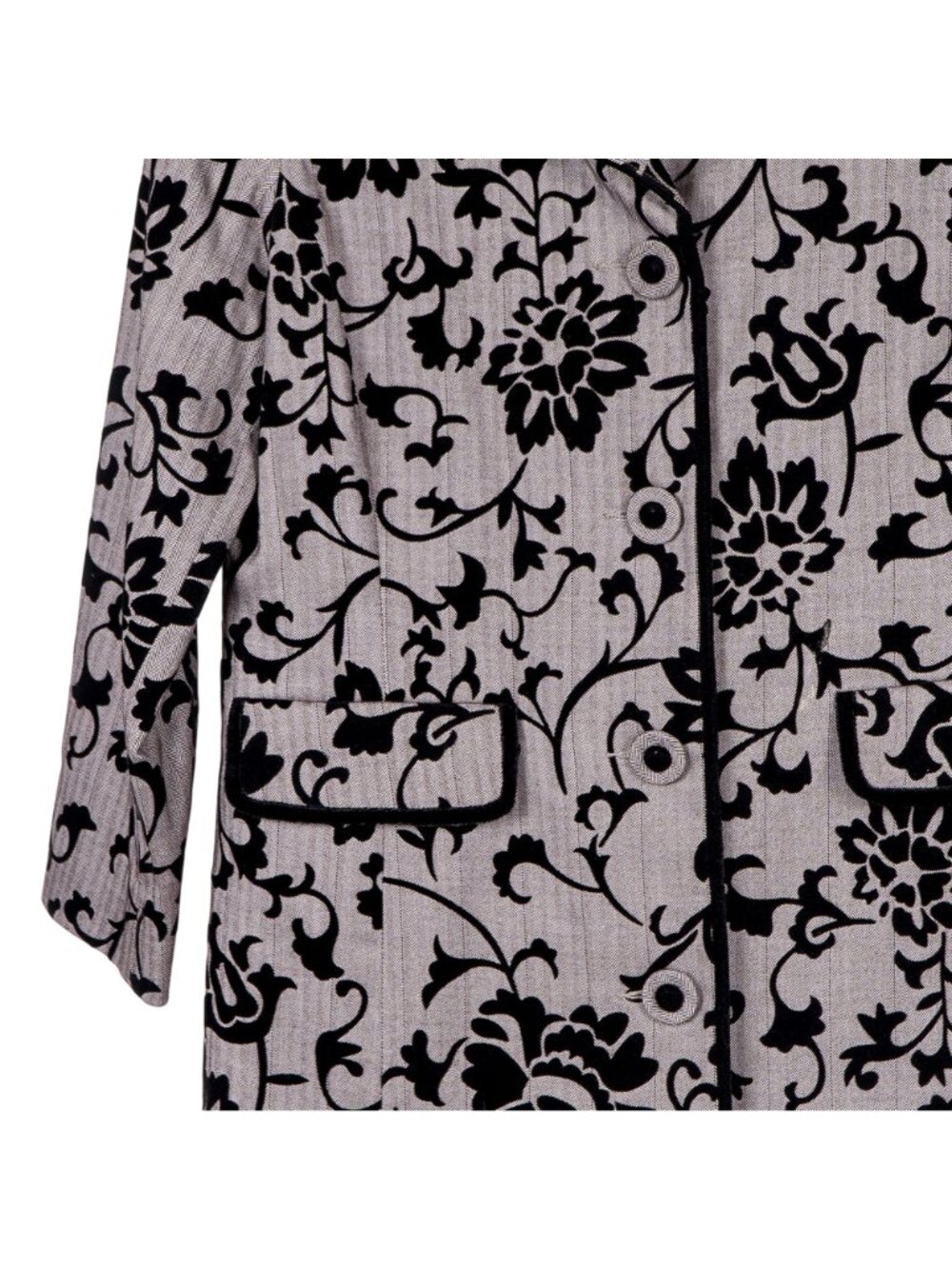 Floral Herringbone Jacket M Women Long Buttons Velour Accent Gray Black - Picture 4 of 6